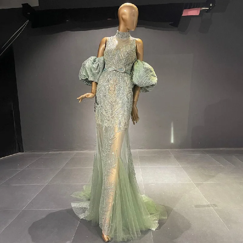 Serene Hill Green Puff Sleeve Evening Dresses Gowns 2024 Beaded Mermaid Luxury Elegant For Women Party LA71537 Tunics Handmade artisanal