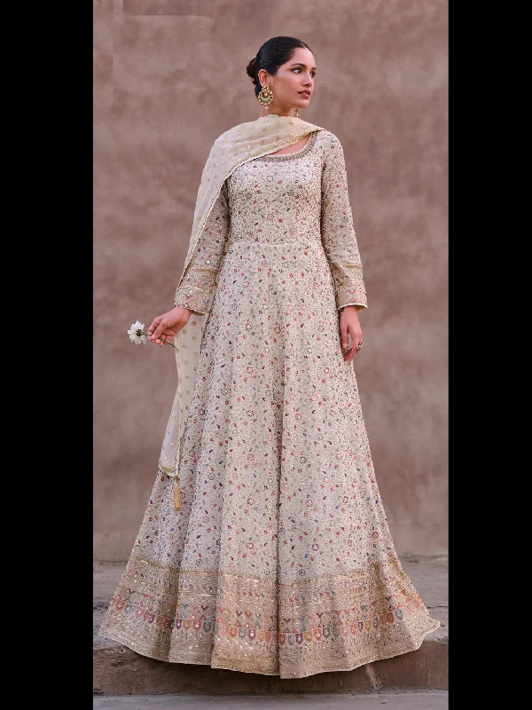 Off White Classy Designer Readymade Anarkali Dress With Embroidery Work Tunics Running lightweight