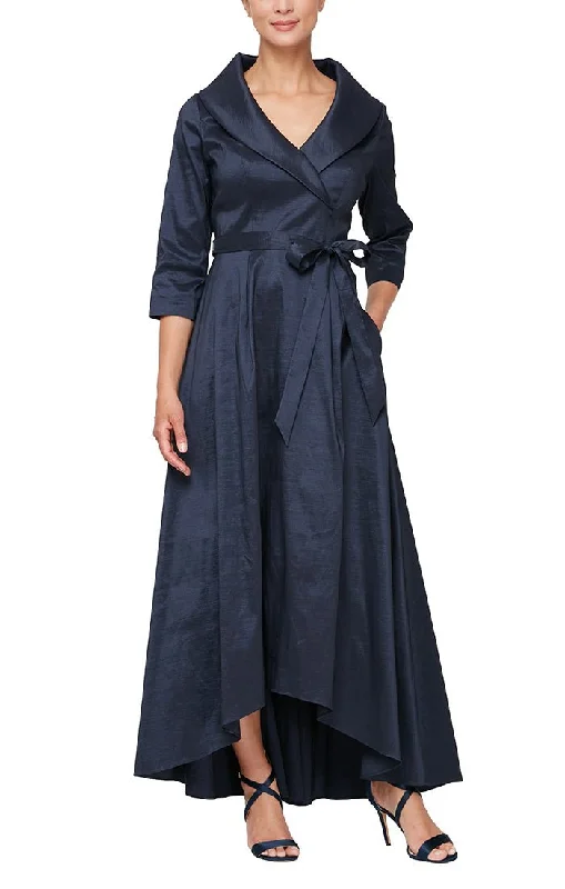 Portrait Collar Stretch Taffeta Dress with High Low Hem and Tie Belt Tunics Bestseller popular