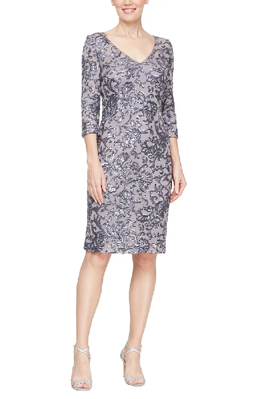 Short V-Neck Sheath Dress with Illusion Neckline and Elbow Sleeves Tunics Modern contemporary