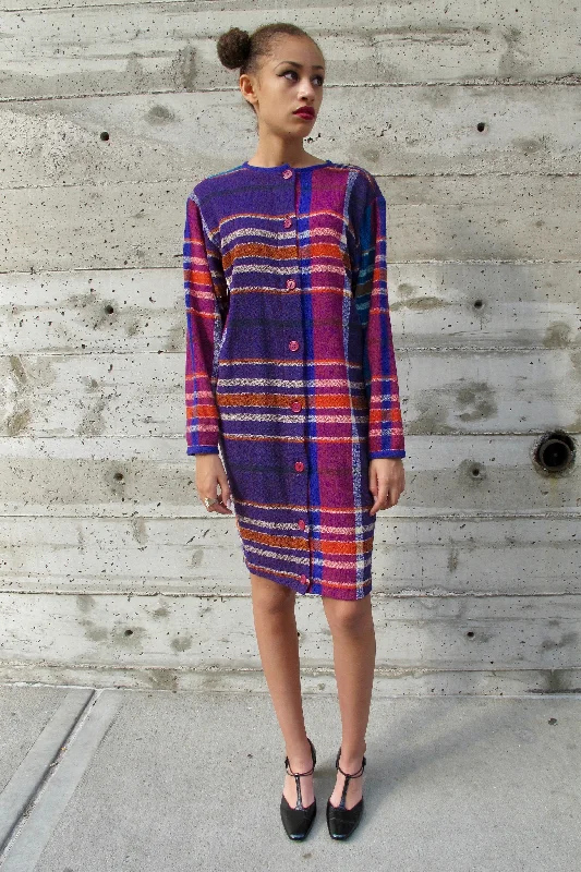 1980's Missoni Knit Purple, Pink, Green, White Plaid Dress Tunics Practical easy-care