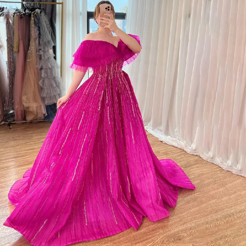 Serene Hill Fuchsia A-Line Luxury Evening Dresses Gowns 2024 Boat Neck Beaded For Women Party LA72162A Tunics Seasonal trendy