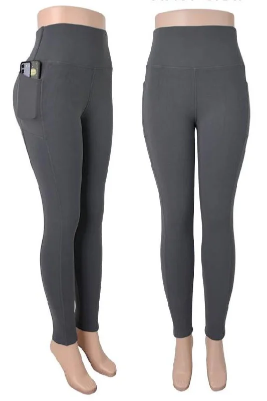 Athleisure Fleece Lined Leggings w/Phone Pocket - Dark Grey Fashionable Printed Legging Pants