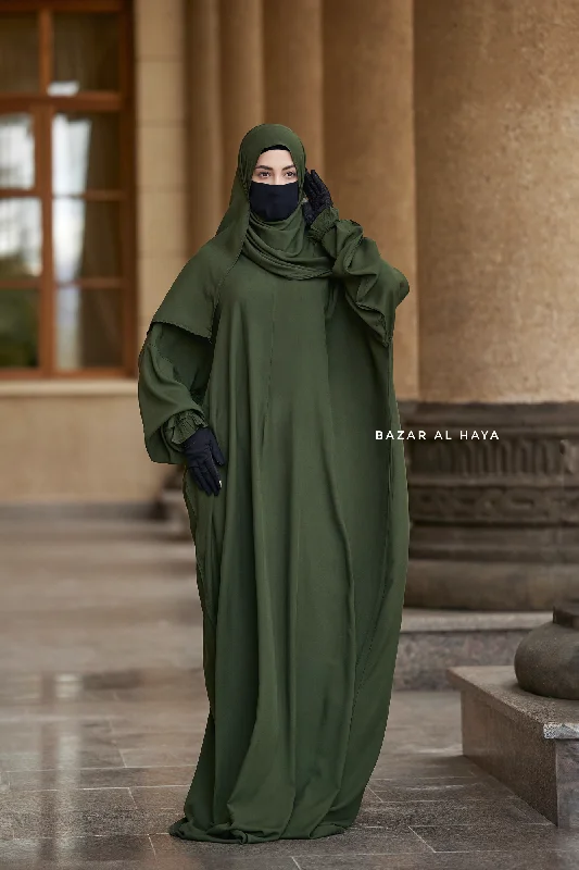 Olive Prayer / Salah Dress One Piece Jilbab 100% Cotton - Super Breathable Comfy Style A-Line Day Work