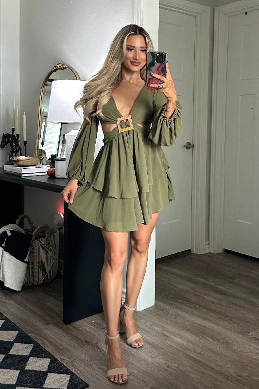 Lessons in Love Cutout Dress: Olive A-Line Day Work