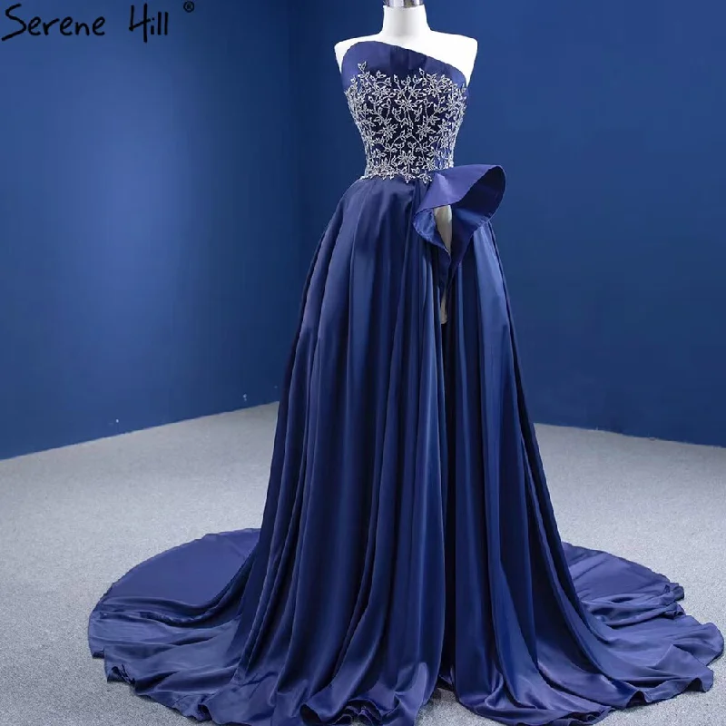 Serene Hill Navy Blue A-Line High Split vening Dresses Gowns 2024 Beaded Satin Sexy For Women Party HM67374 Tunics Party sparkling