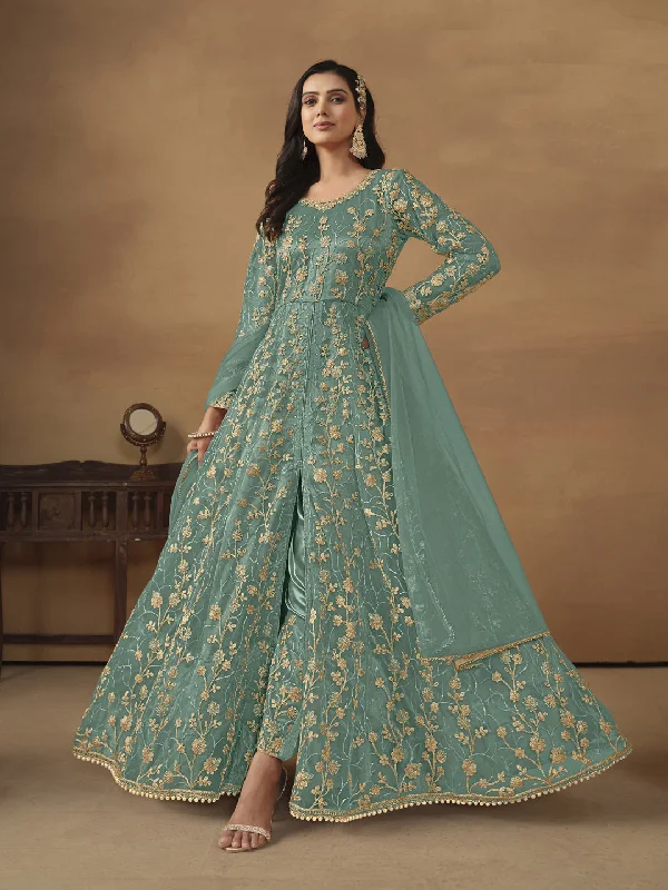 Mint Classy Designer Readymade Net Anarkali Dress With Embroidery Work Shift Classic Vintage