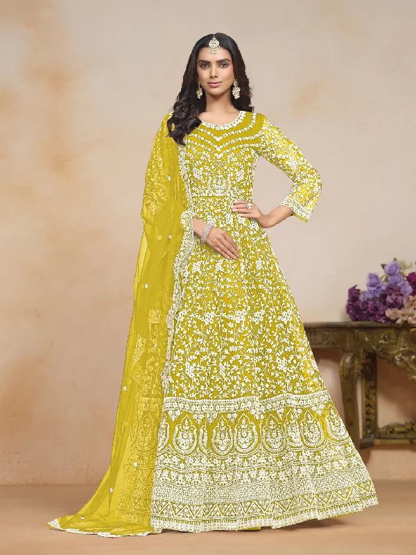 Lime Designer Semi-Stitched Anarkali Dress With Heavy Embroidery Work Tunics Top rated