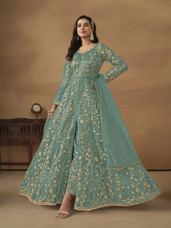 Green Heavy Designer Readymade Anarkali Dress With Embroidery Work Tunics Trendy modern