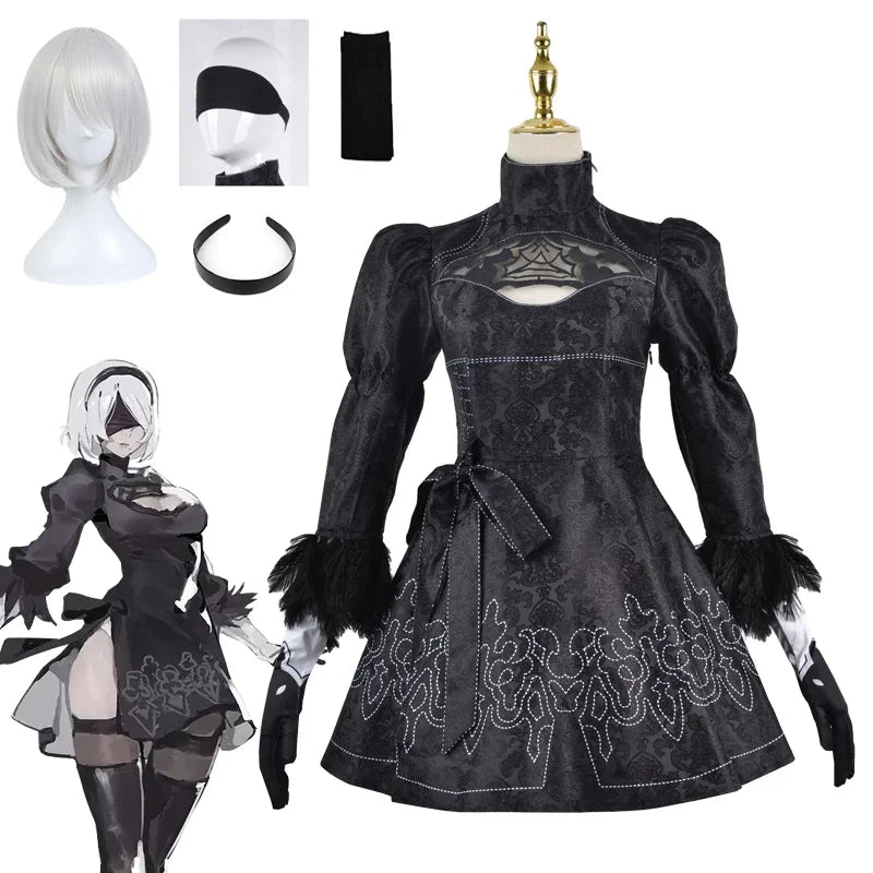 Nier 2b Cosplay Nier Automata Yorha Cosplay YoRHa No. 2 Type B Costume Anime Women Dress Fancy Halloween Girls Party Clothes Tunics Denim casual