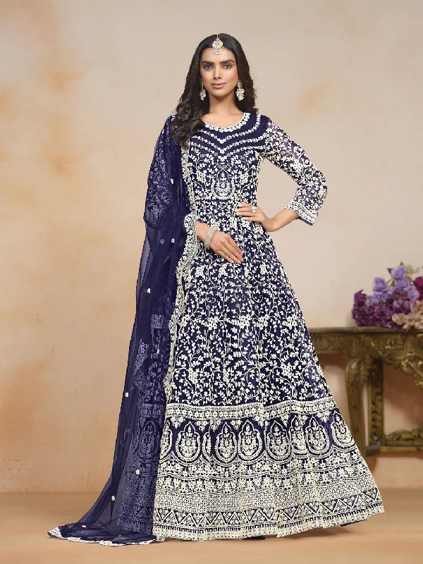 Blue Designer Semi-Stitched Anarkali Dress With Heavy Embroidery Work Tunics Chic fashionable