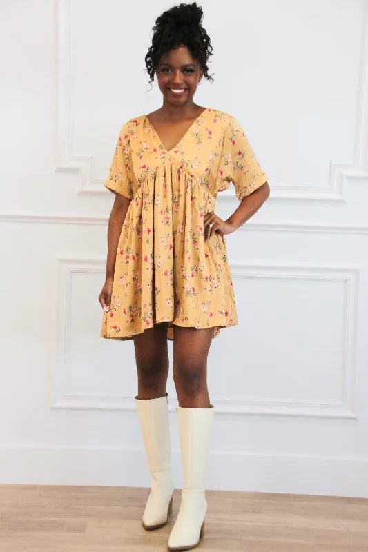 Soft Breeze Satin Floral V Neck Dress: Mustard Tunics Fleece cozy