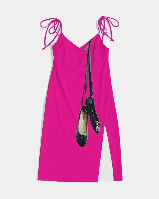 DOLLY BLACK BALLERINAS Women's Tie Strap Split Dress Barbie pink Turtleneck Neckline Stylish