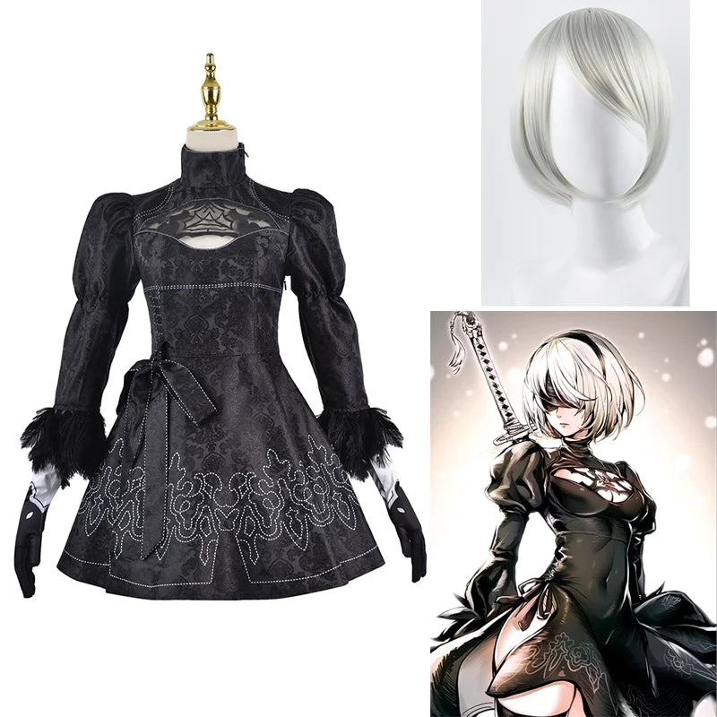 Nier Automata Yorha 2B Cosplay Suit Black Dress Anime Women Outfit Disguise Costume Set Fancy Halloween Girls Party Boatneck Modish Everyday