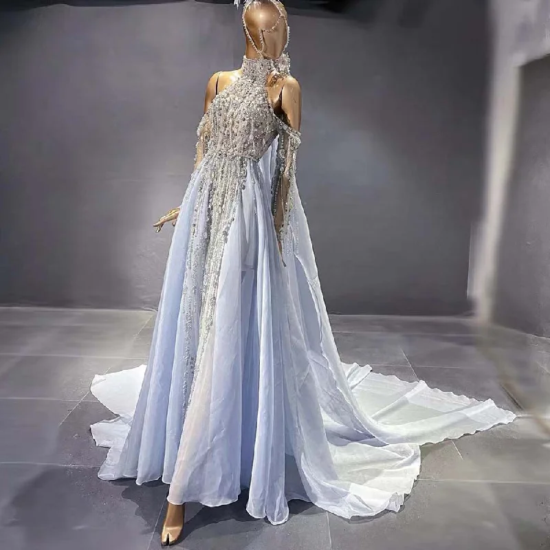 Blue Luxury Halter Cape Evening Dresses Gowns 2024 Beaded A-Line High-end For Women Party Serene Hill LA71522 Tunics Solid Classic