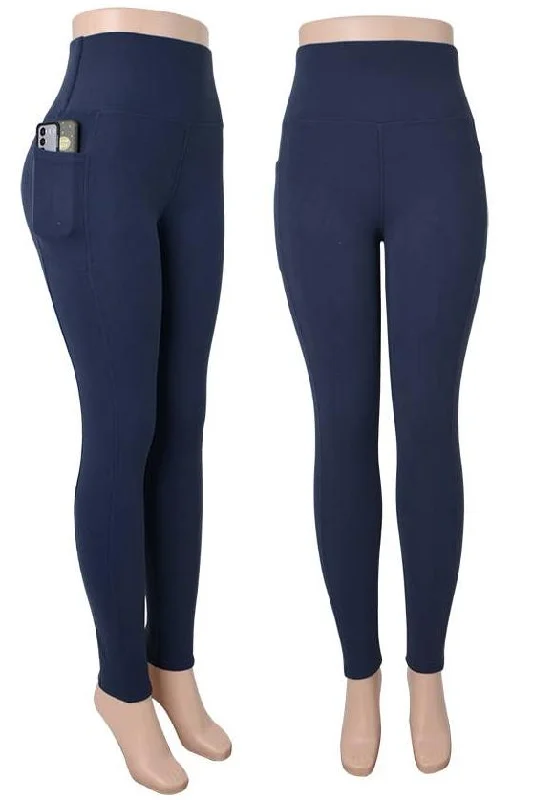 Athleisure Fleece Lined Leggings w/Phone Pocket - Navy Blue Comfortable Yoga Tights Leggings