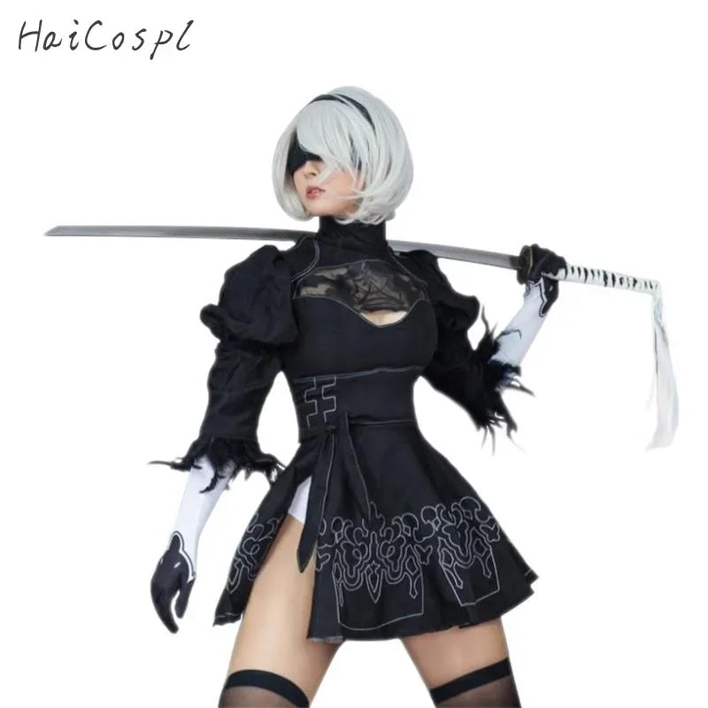 Nier Automata Yorha 2B Cosplay Suit Animal Women Outdo Disguise Suit Set Fancy Halloween Girls Party Black Dress Square Neckline Feminine