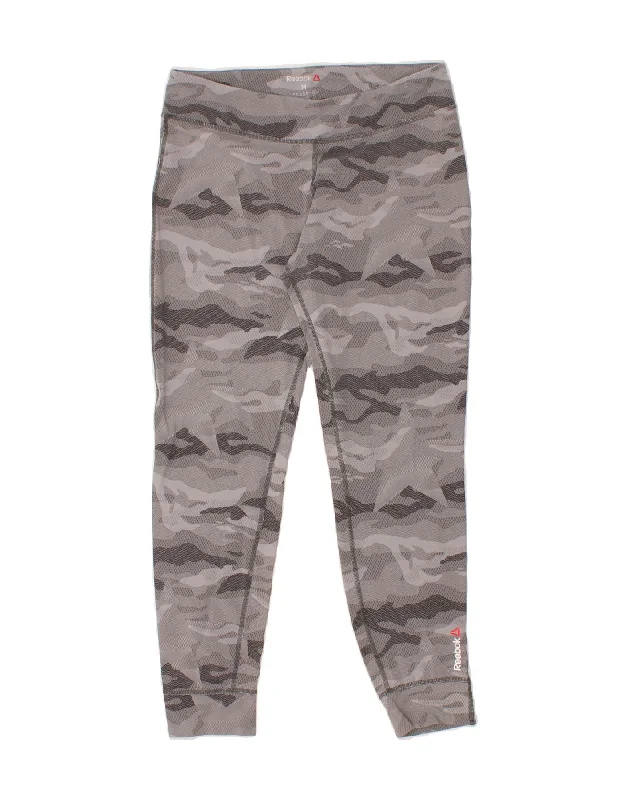 REEBOK Womens Graphic Leggings UK 12/14 Medium Grey Camouflage Nylon Cozy Reflective Detail Leggings