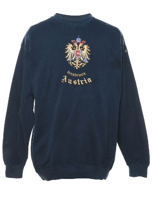 Austria Navy Embroidered Sweatshirt - L Hoodie with Snap Buttons Easy Quick