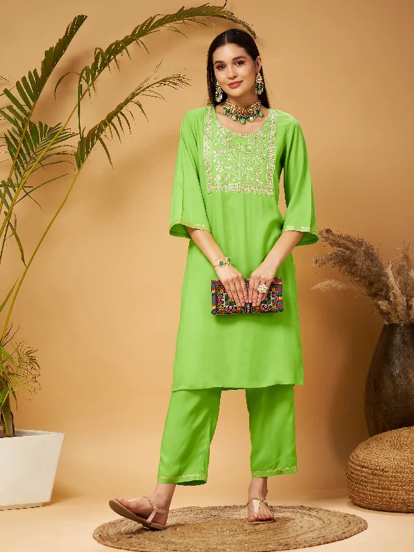 Lyush Women Green Gota Embroidered Kurta with Pants Chic Checkered Pants