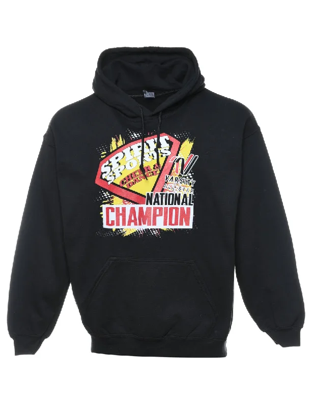 Black National Championship Printed Hoodie - L Hoodie with Back Slit Movement Comfort