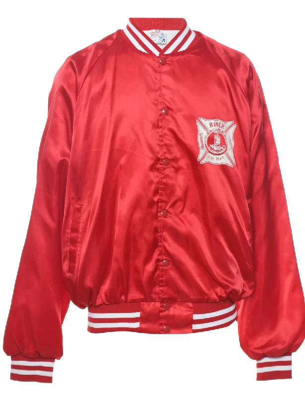 Red Vintage Fire Department Bomber Jacket - L Button-Up Bomber Jacket