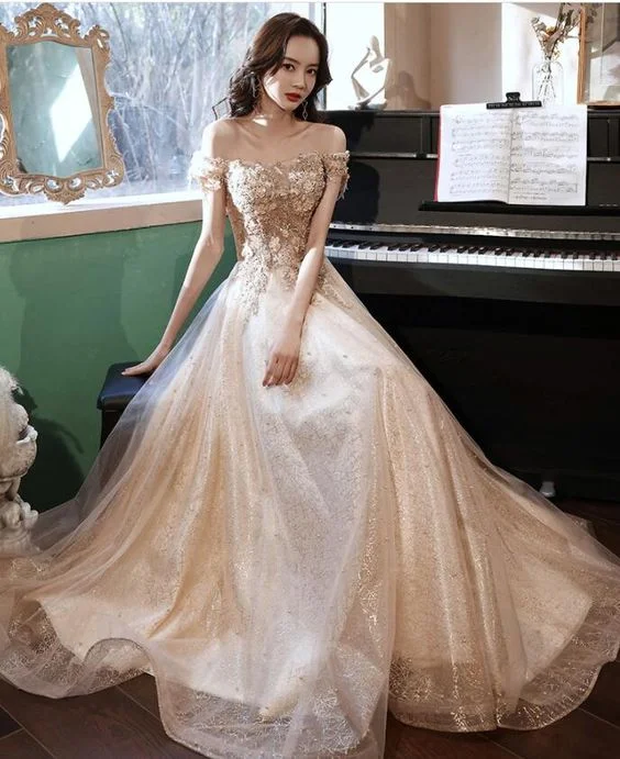 Beautiful Light Champagne Long Flowers Lace Party Dress, Tulle Shiny Prom Dress    cg21914 Tunics Corduroy durable