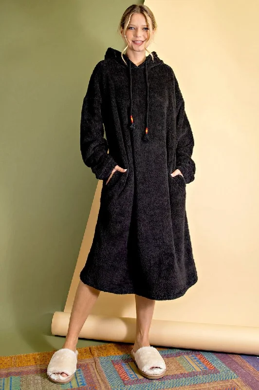 ED16690 Teddy Fur Hoodie Dress-Black Hoodie with Print Artistic Unique