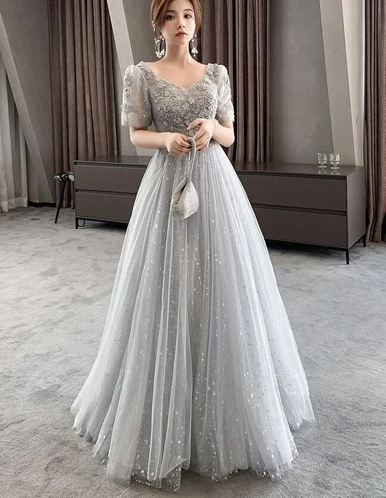 Light Grey Short Sleeves Tulle And Lace Lovely Party Dress, Long Tulle Prom Dress    cg22199 Tunics Occasion special