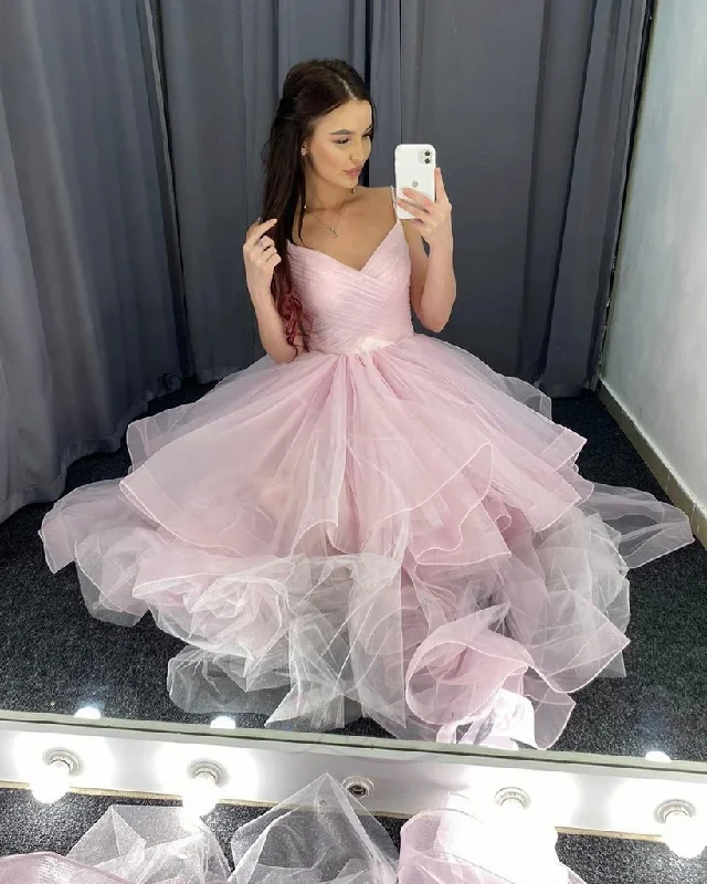 Pink Straps V-Neckline Tulle Long Layers Prom Dresses Party Dress, Pink Tulle Formal Dress   cg22169 Tunics Spring floral