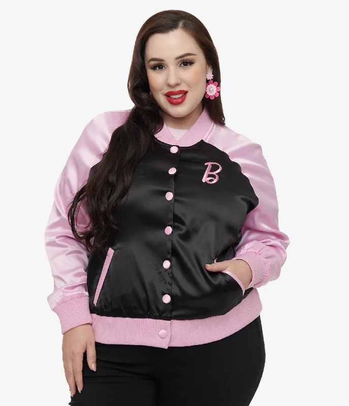 Barbie x Unique Vintage Plus Size Pink & Black OG Barbie Long Sleeve Bomber Jacket Sporty Nylon Bomber