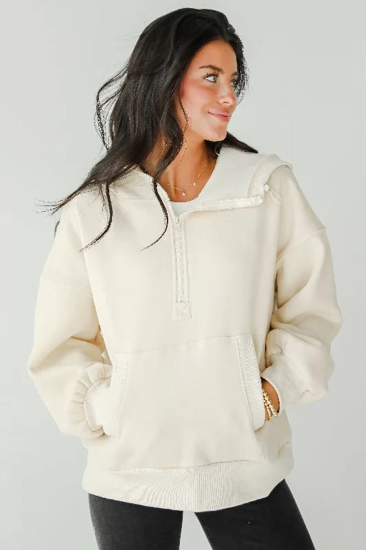 Cozy Delight Cream Fleece Quarter Zip Hoodie Hoodie with Rhinestones Sparkly Elegant