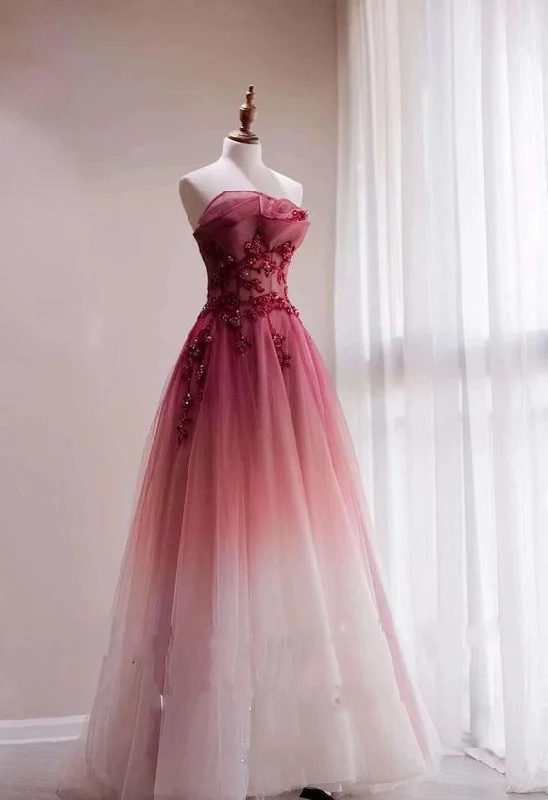 Red Gradient Prom Dress Vintage Wedding Dress Red Strapless Party Dress with Beaded Bridal Dress         cg23240 Tunics Bridal satin