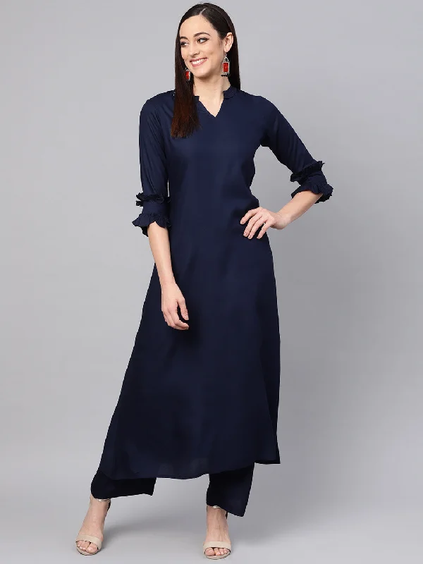 Women's Blue A-Line Kurta With Palazzo Pants - Idalia Comfortable Jogging Pants