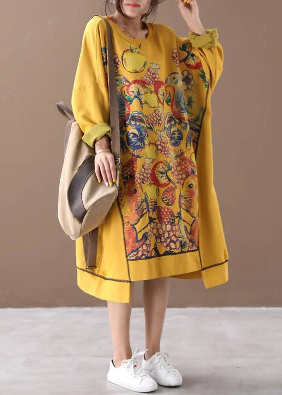 Casual Yellow Asymmetrical Print Cotton Loose Sweatshirt dress Winter Hoodie with Rhinestones Sparkly Elegant