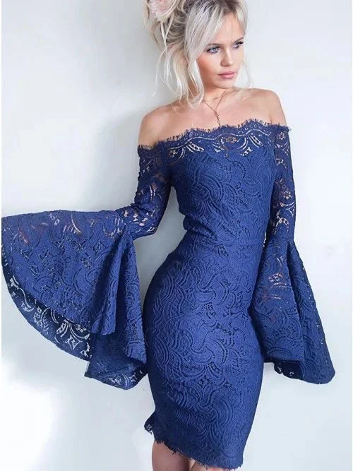 Off the Shoulder Lace Sheath Party Dress with Bell Sleeves Prom Dresses     cg22048 Sequined Elegant Party