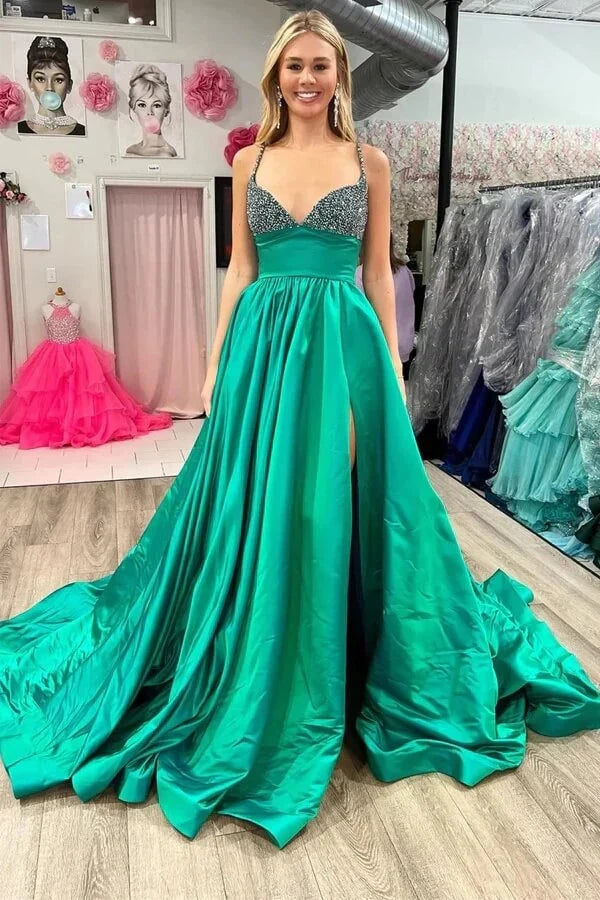 Green Satin A-Line Spaghetti Straps Prom Party Dress Shift Classic Vintage