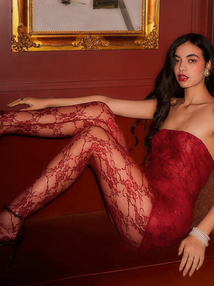 See Through Lace Sexy Dress Set Women Off-shoulder Strapless Dress And Pants Matching Sets Ladies Party Two Piece Set Stylish Paperbag Waist Pants