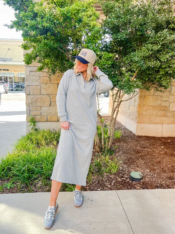 Aspen Maxi Sweatshirt Dress Hoodie with Button Placket Classic Preppy