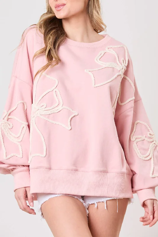 Bow Thread Embroidery Ribbed Edge Sweatshirt Hoodie with Elastic Cuffs Stretchable Comfortable