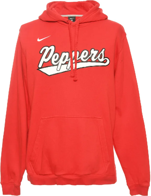 Red Nike Peppers Printed Hoodie - L Hoodie with Raw Hem Edgy Unfinished