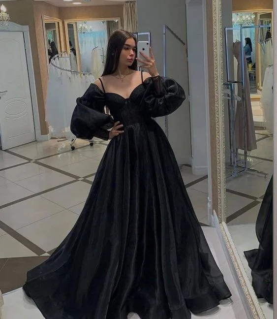 Black Long Sleeves Prom Dresses,Organza Formal Dresses,Party Dress with Train   cg24946 Tunics Modern contemporary