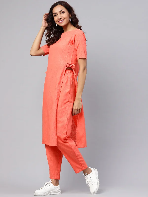 Women's Peach Straight Kurta With Pants - Idalia Soft Stretch Trousers