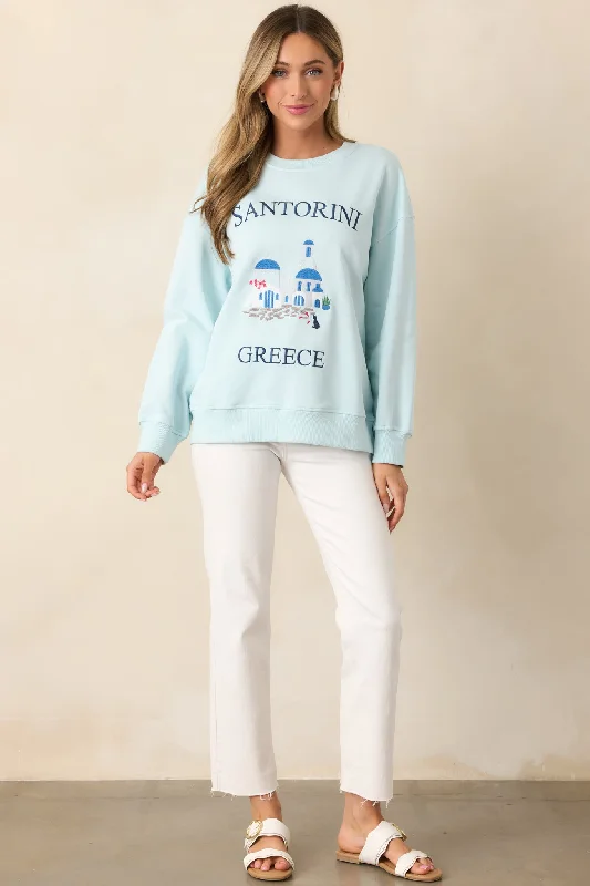 Santorini Dreaming Light Blue Crew Neck Sweatshirt Hoodie with Slim Fit Tailored Modern