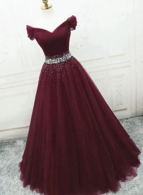 Charming Burgundy Sweetheart Sequins Tulle Formal Dress, Wine Red Prom Dress Party Dress      cg22596 Turtleneck Neckline Stylish