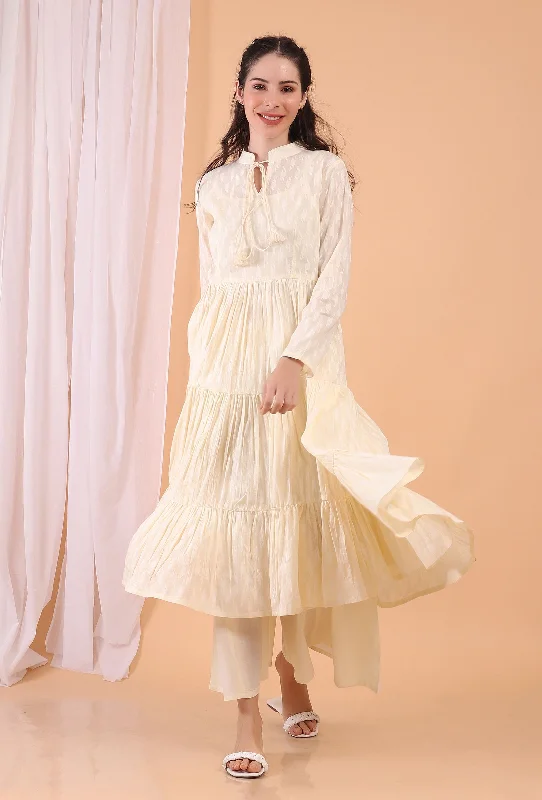 Set of 2: Cream Cotton Tiered Gathered Dress with Pants Formal Linen Trousers