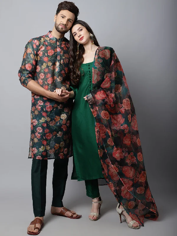 Sizzling Green Kurti with Pants and Printed Dupatta with Green Floral Printed Men Kurta Pajama Couple Matching Dress Stylish Harem Pants