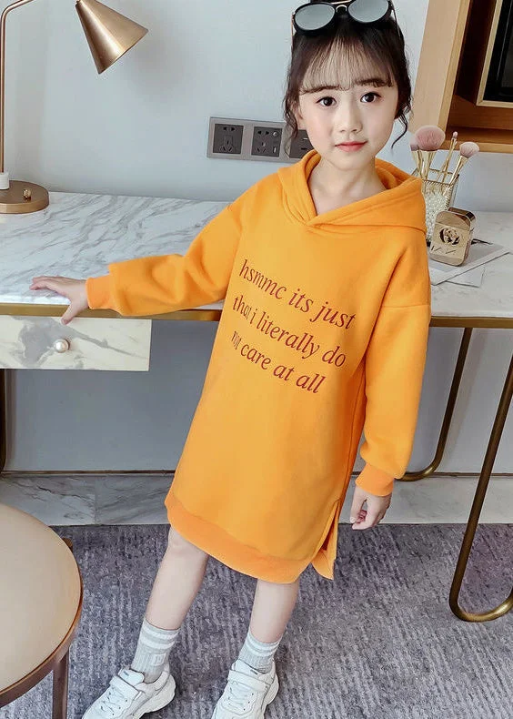 DIY Yellow Hooded Patchwork Warm Fleece Baby Girls Sweatshirts Dress Winter Hoodie with V-Neck Classic Versatile