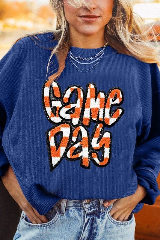 Chenille Checkered Game Day Graphic Drop Shoulder Corded Sweatshirt Hoodie with Cuffed Sleeves Snug Secure