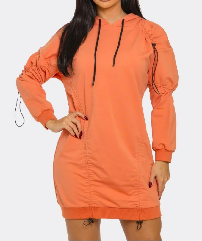 Women's Sporty Ruched Hoodie Dress - CAPCD5693 Hoodie with Front Slit Layering Stylish